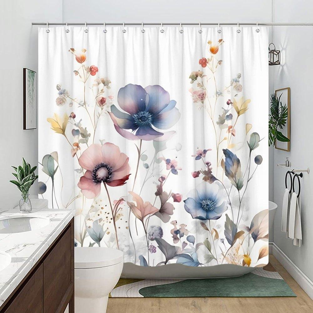 1 Pastel Floral Shower Curtain - Delicate Lavender, Pink And Blue Flowers With A Subtle Wash, Polyester Fabric With Hooks