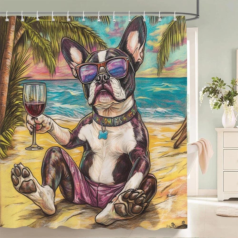 Cartoon Lovely Cat and Dog Shower Curtain Funny Animal Flowers Printed Bathroom Bath Curtain Home Decoration Curtain With Hooks