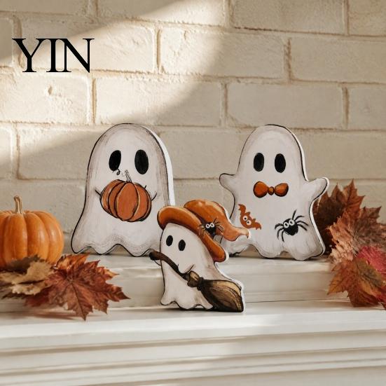 Charming Entrance Countertop Decor Halloween Cute Ghost Sign, Pumpkin Tombstone Wooden Plaque Rustic Spooky Party Centerpiece for Tiered Tray