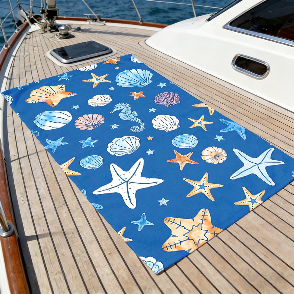 Sea Life Starfish Beach Towel – Oversized Quick Dry Sand Free with Watercolor Seashell & Seahorse Print