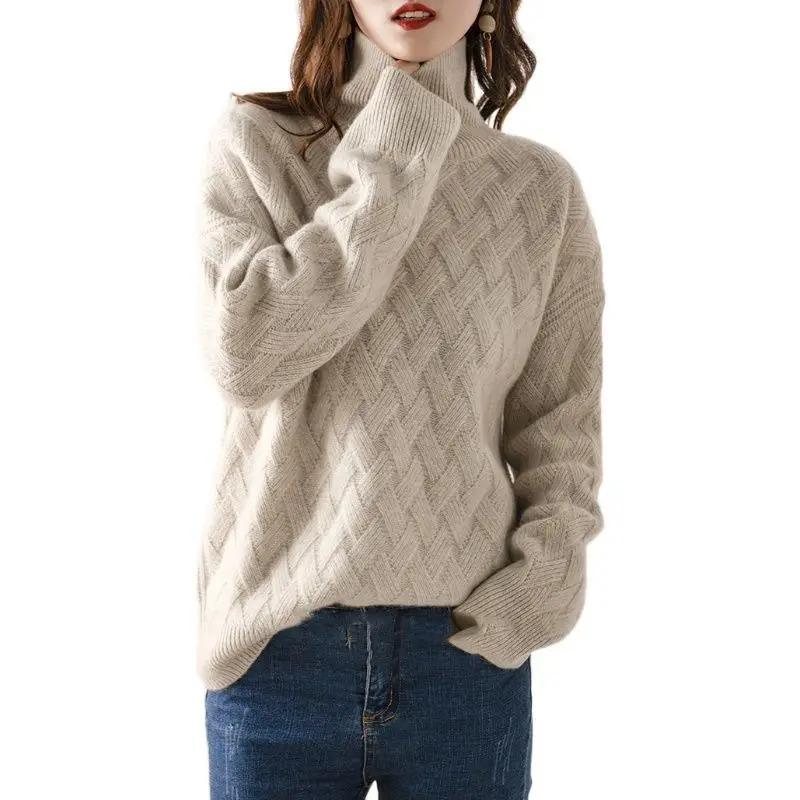 Women Casual Chic Loose Cashmere Sweater Autumn Winter Oversize Thick Long Sleeve Turtleneck Warm Knit Pullovers