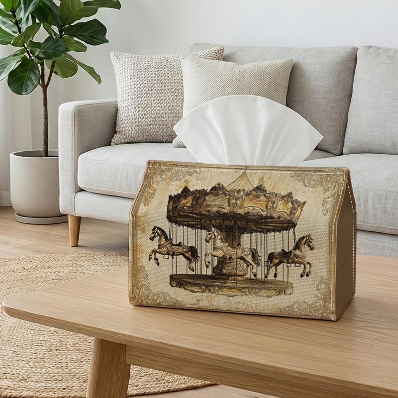 2D Flat,One Vintage Carousel Tissue Box Featuring Decorative Horses, Perfect for Home, Parties, Cars, Kitchens, Dining Tables, And Wedding Decor- a St