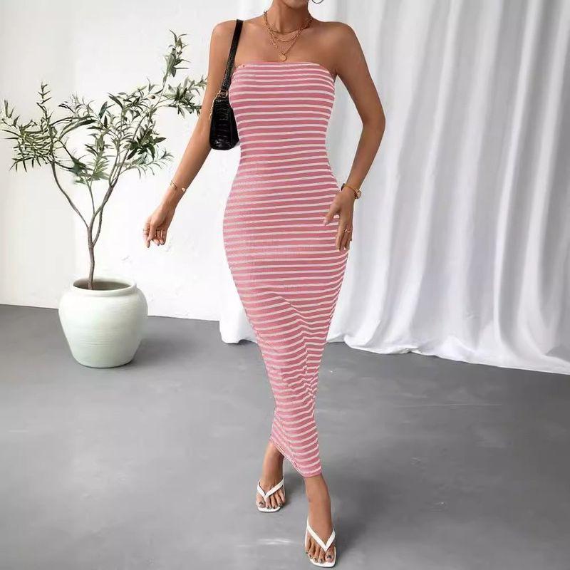 

Summer Cool European and American Women s Clothing Elegant Graceful Tube Top Stripes Long Sexy Slim Hip Dress Pink L