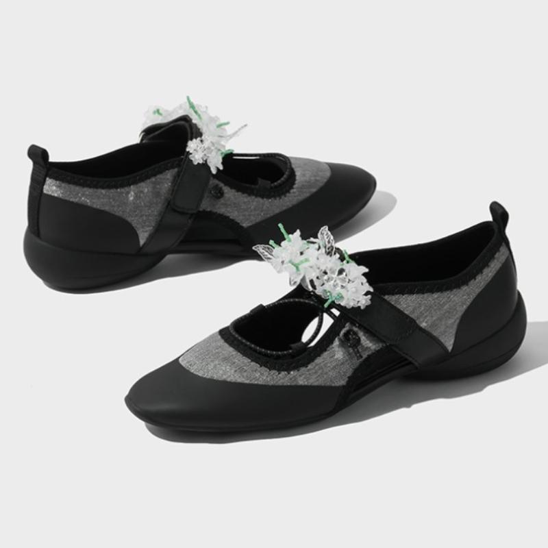 Fashion Fashion Crystal String Bead Flower Decoration Ballet Flats Women Cozy Round Toe Patchwork Design Mary Jane Shoes Outdoor Sneaker