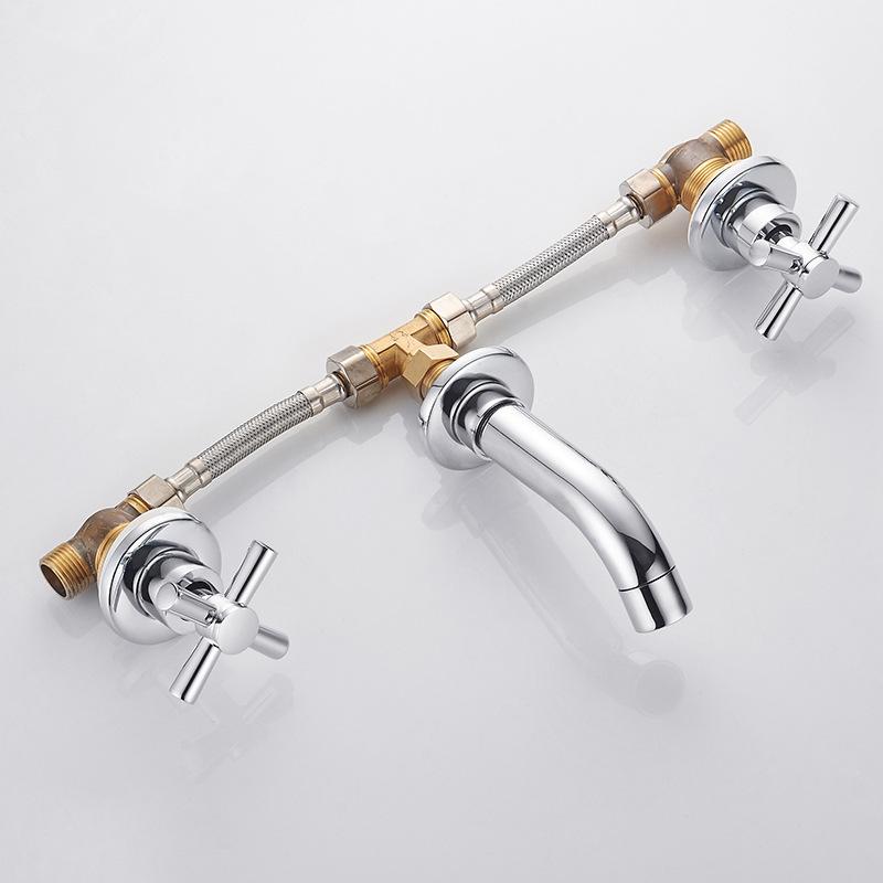 Copper In Wall Double Handle Three Hole Split Basin Faucet, Household Hot and Cold Water Concealed Bathroom Cabinet Faucet Three Piece Set