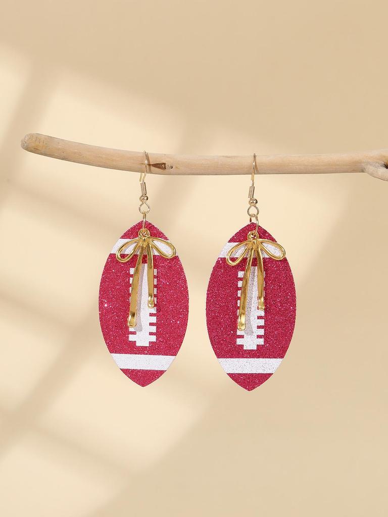 European-American Super Bowl Sporty PU Leather Football Earrings with Alloy Bowknot