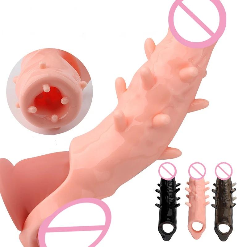 Reusable Condom Penis Sleeve Male Dick Enlargement Extender Spike Penis Cover Dildo Delay Ejaculation Sex Toy for Men Sexy Shop