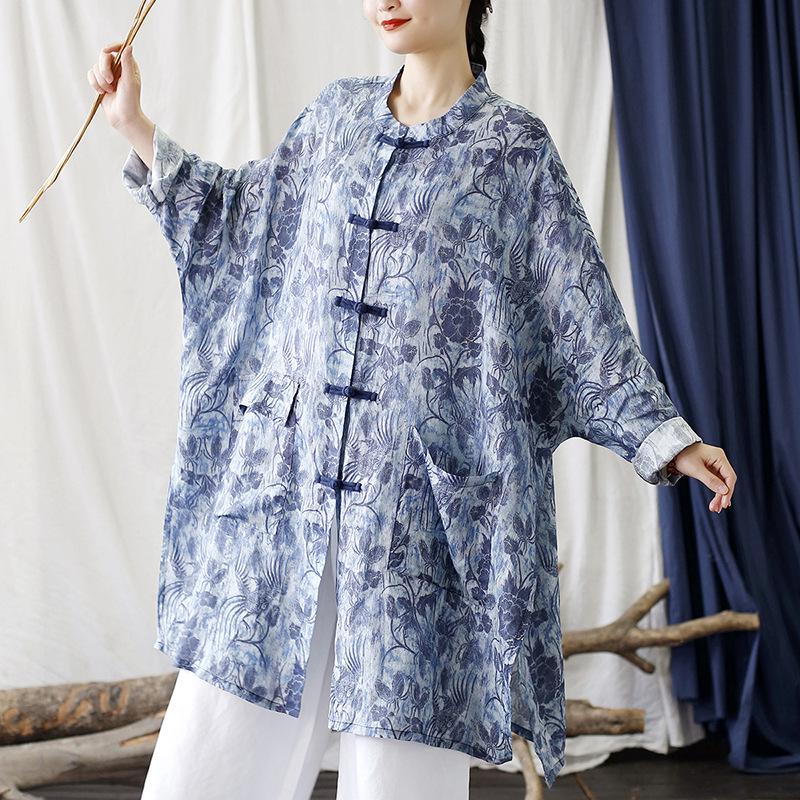 Women's Ethnic Print Retro Stand Collar Midi Shirt with Frog Button, Sun Protection, Loose Fit, Plus Size Outerwear.
