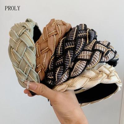 PROLY New Fashion Headband For Women Wide Side Turban Handmade Braided Headwear Shining Rhinestone Hair Accessories