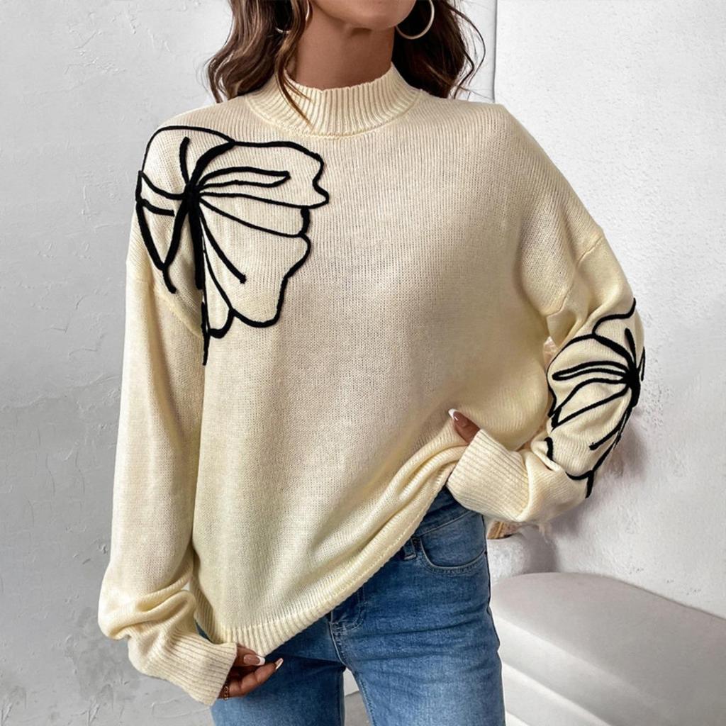 Women Floral Pattern High Neck Pullover Sweater Fashion Autumn Winter New for Women