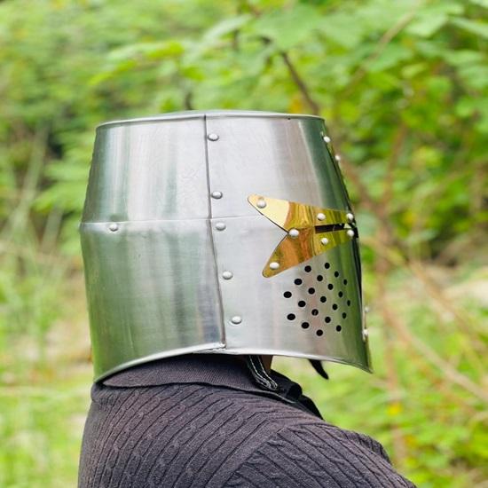 Templar Crusader Knight Helmet Medieval Great Helm, Larp And Cosplay Helmet ,Handmade Steel  Brass Cross Helmet , Collectible Gift