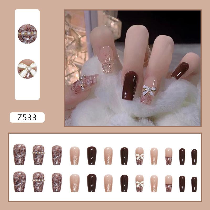 

24 шт. темно-кофейный прыгающий цвет маленький ароматный стиль маникюр золотой край бант алмазный ноготь нежный белый Ins ветер короткий балет