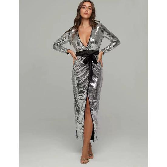 

2023 модное новое сексуальное вечернее платье с длинным рукавом и v-образным вырезом и пайетками на шнуровке, длинное платье