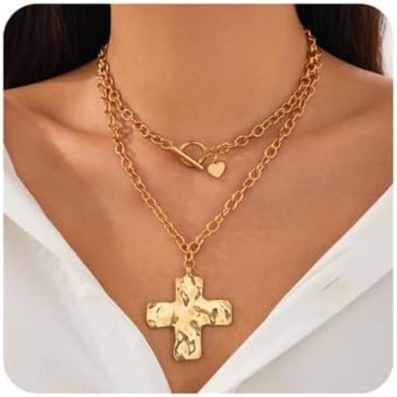 Chunky Gold Cross Necklace for Women Handmade Bold Trendy Stacks Toggle Big Cross Statement Necklaces Faith Jewelry Gift for Daily Wear