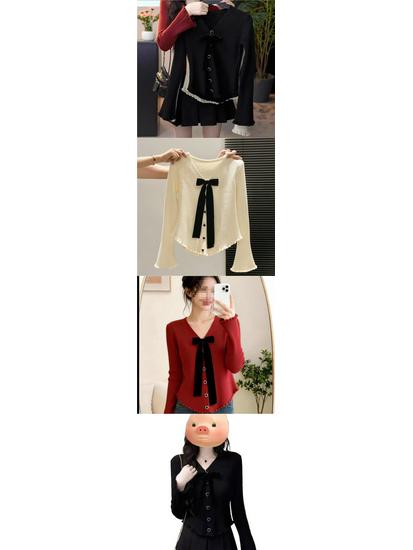 Plus Size Women's Bow Collar Knit Cardigan for Autumn/Winter - Sweet, Age-Reducing, Black/Red/Apricot