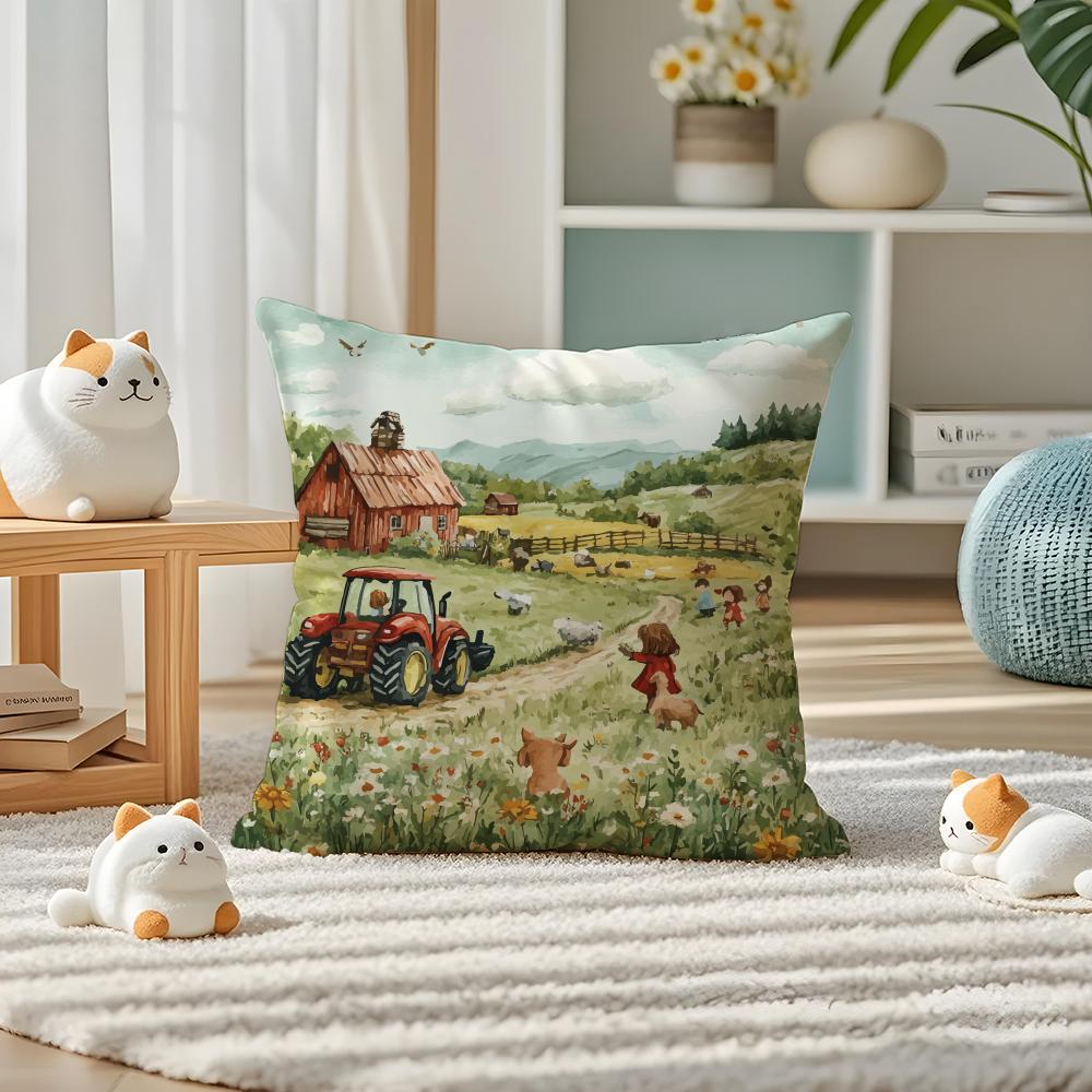 Colorful Farm Painting Pillow Case Silky Elegant Comfort Sofa Bed Invisible Zipper