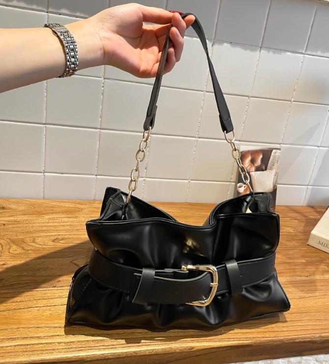 Luxury Retro Belt Buckle Shoulder Bag Soft Pleated Handbag Solid Color Elegant Women's Underarm Bag Fashion Versatile Clutch Bag