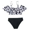 Bikini de Dos Piezas para Niñas Hombros Descubiertos Conjunto Bikini Tirantes Ajustables Estampado de Vaca Parte Superior Parte Inferior Lisa Traje de Baño para Niños