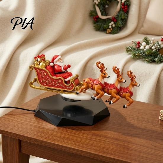 Compact Christmas Table Ornament Floating Santa Sleigh, Flying Sleigh Magnetic Levitation Display, Holiday Party Centerpiece Claus Tabletop Decor for