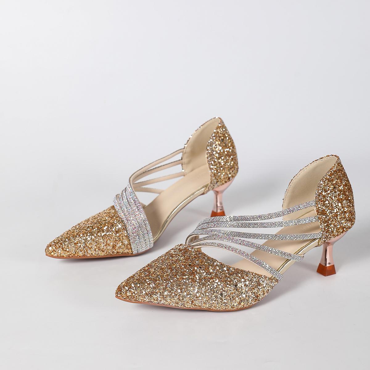 

Женские туфли-лодочки на высоком каблуке с вырезами, на тонком каблуке, сексуальные сандалии с острым носком, со сверкающими стразами, большого размера, одинарные туфли для женщин 35 серебряный