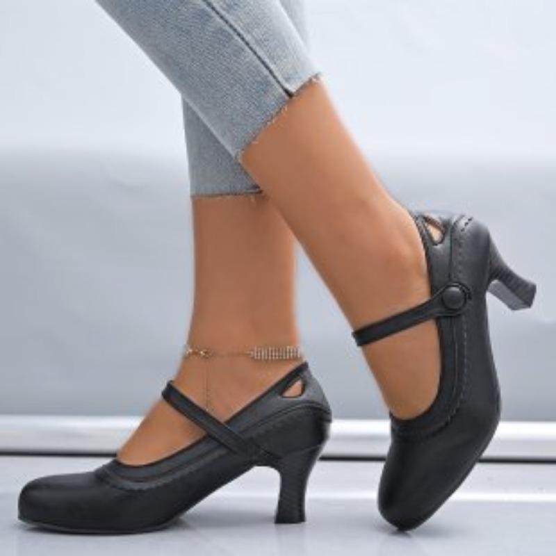 Women Pumps Casual Mary Jane Shoes Solid Color Round Toe Shoes Buckle Strap Leather Sandals Footwear High Heels Women Shoes