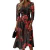 Women's Casual V Neck Midi Dress with Three Quarter Sleeves and Back Zipper Floral Print Lightweight Fabric for Everyday Wear