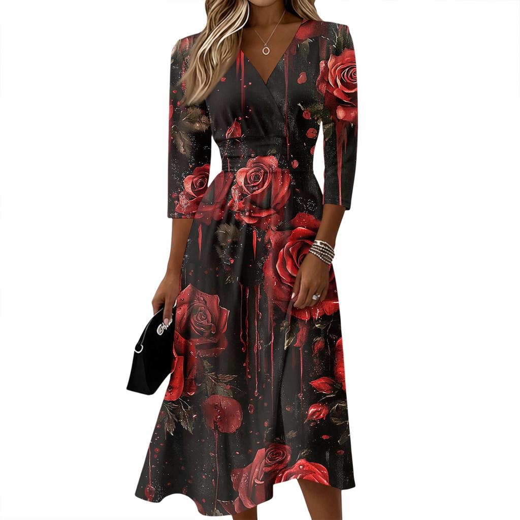 Women's Casual V Neck Midi Dress with Three Quarter Sleeves and Back Zipper Floral Print Lightweight Fabric for Everyday Wear