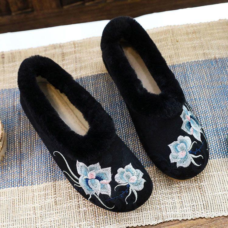 Women's Snow Boots Autumn New Plush Inner Lining Women's Cloth Shoes Retro National Style Low Heel Embroidered Shoes