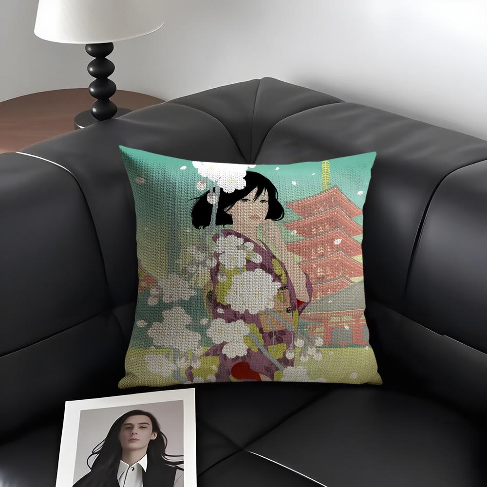 Kimono Girl Japanese Style Cushion Cover Natural Linen Organic Fabric DoubleSided Printing Sofa Home Decor Gift Pillow Case