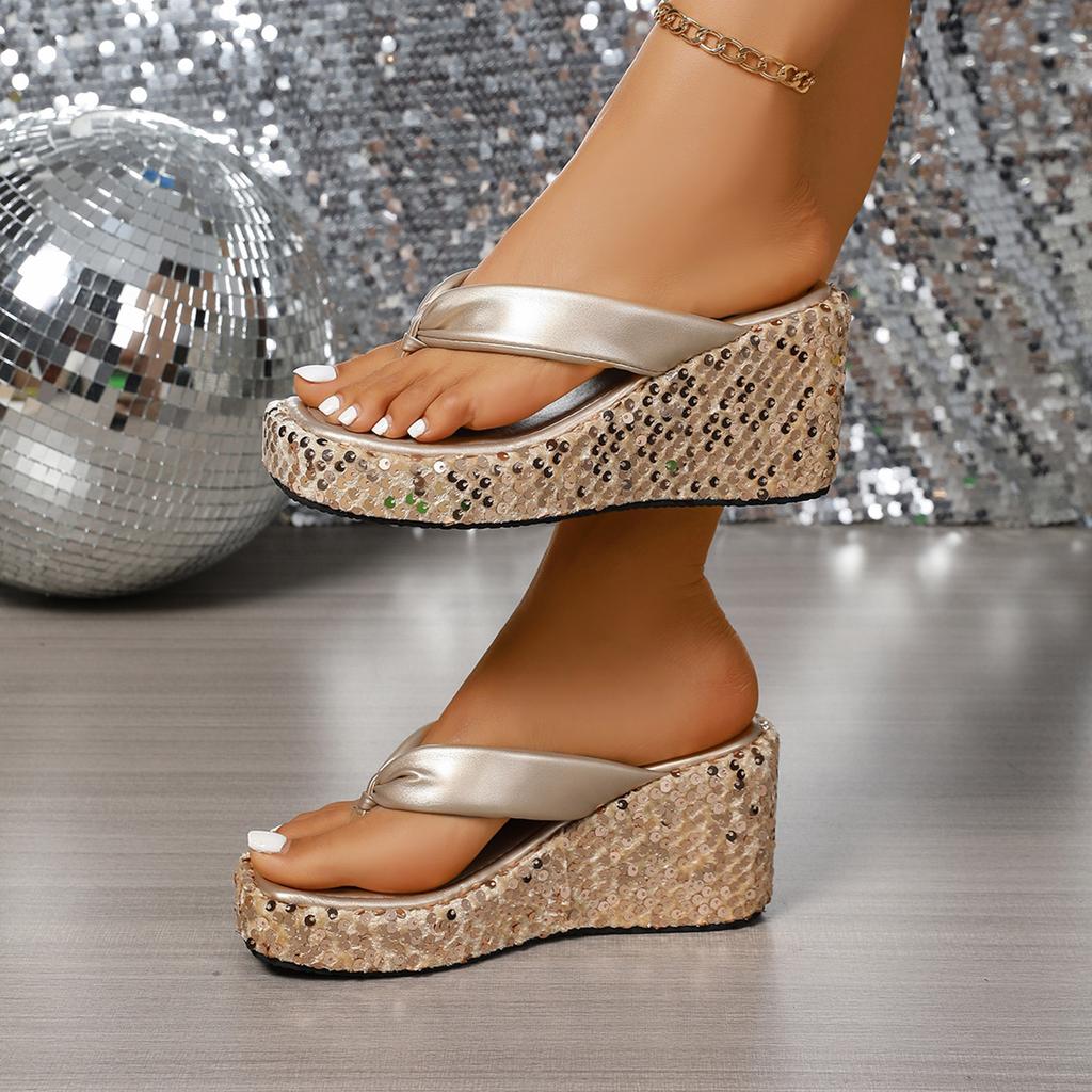 Sparkling Women Chunky Flip Flops Summer Square Toe Slides Beach Outdoor Slippers Solid Thong EVA 8cm High Heel Platform