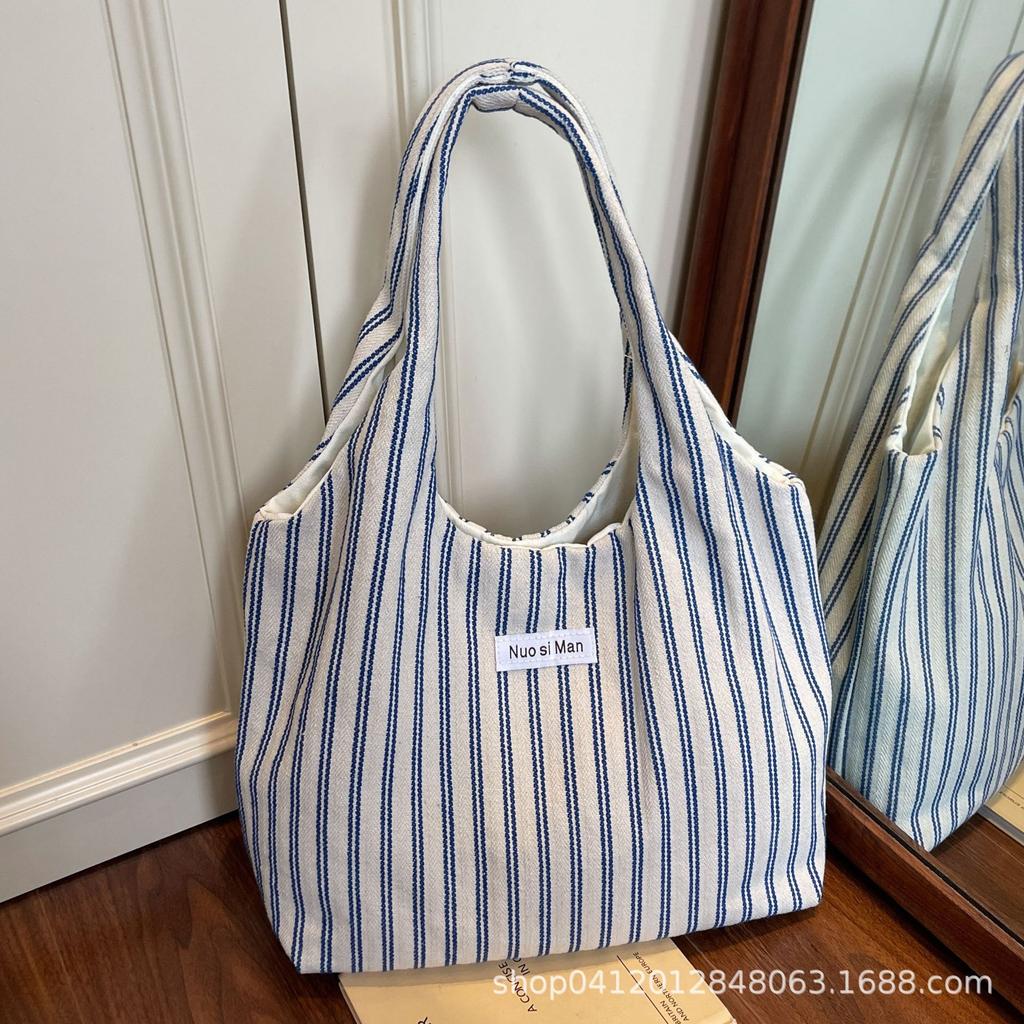 Canvas bag large capacity tote bag women's 2025 new summer niche stripes simple fashion portable shoulder bag