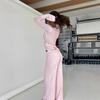 Solid Fleece Laced Long Sleeve Top High Waist Straight Casual Two Piece Set For Women