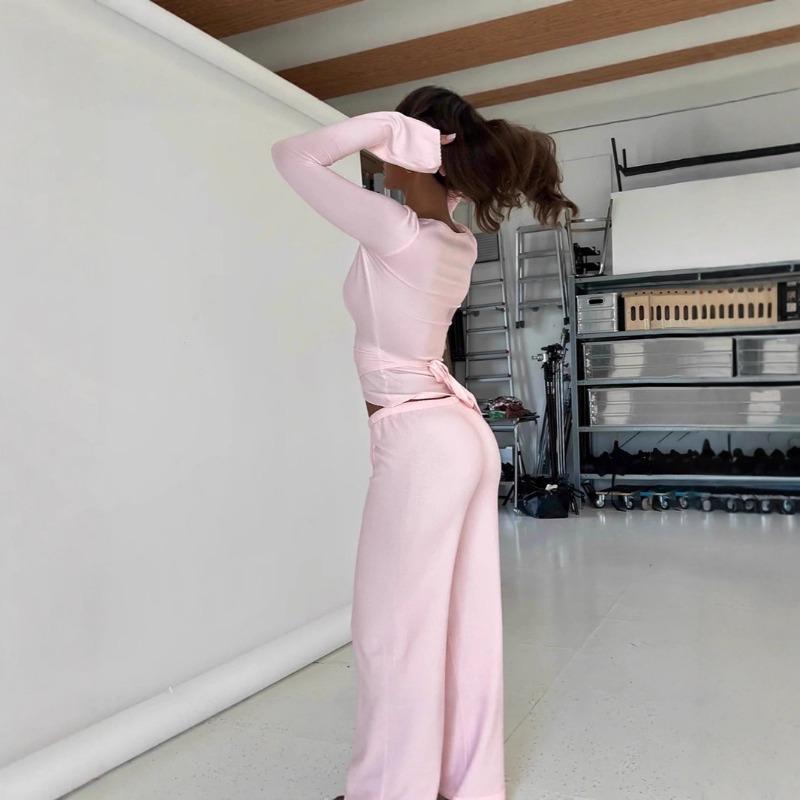 Solid Fleece Laced Long Sleeve Top High Waist Straight Casual Two Piece Set For Women