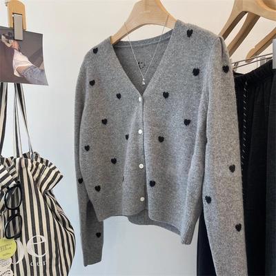 Full Body Love Collar Wool Long-sleeved Knitted Cardigan Women's Autumn and Winter New Short Thin Sweater Jacket