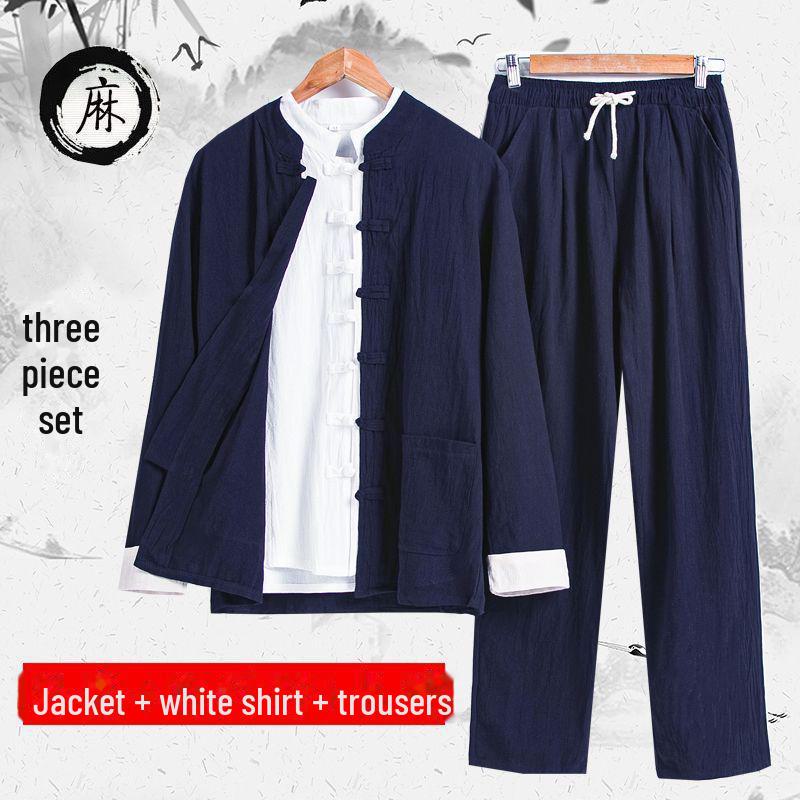 Men's Cotton & Linen Tang Suit: Ancient Style Chinese Meditation & Tea Suit, Zhongshan Hanfu for Spring, Summer, Autumn.