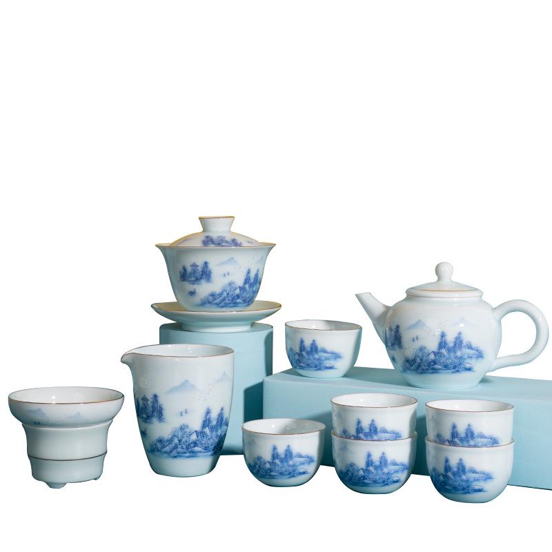 Celadon White Porcelain Tea Set with Gold Landscape: Complete Chinese Gaiwan Teapot and Teacup Set for Kung Fu Tea.