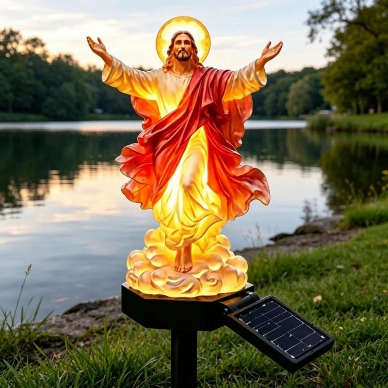 Religious Figurine Solar Lamp Statue for Garden Lawn Border, Resin Yard Stake Sculpture with Warm Light for Flower Bed and Outdoor Entry Use