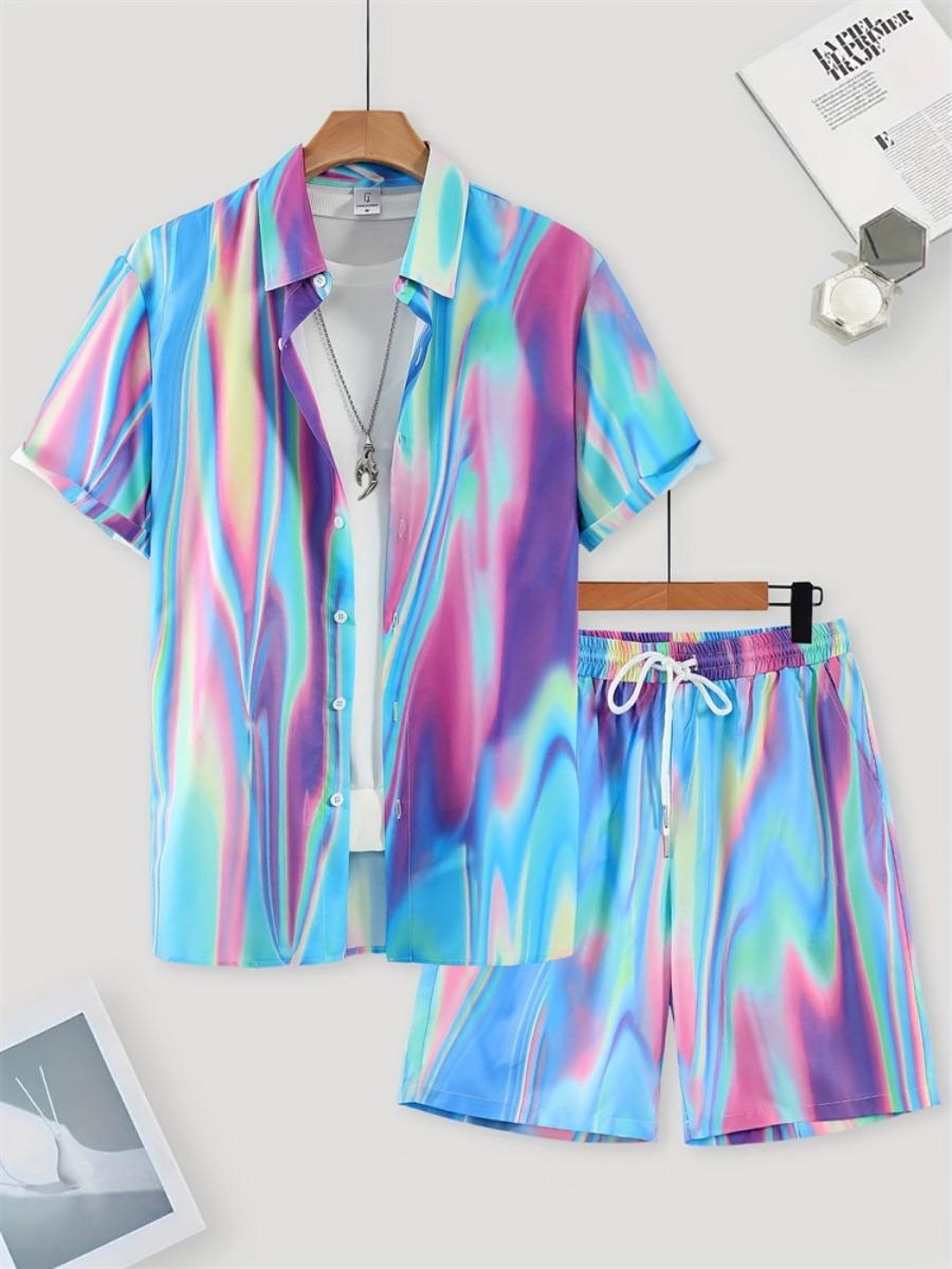 

Summer Everyday Men s Short-sleeved Shirt Street Fashion Beach Shorts Patchwork Striped Print Men s Casual Shirt And Shorts Set S
