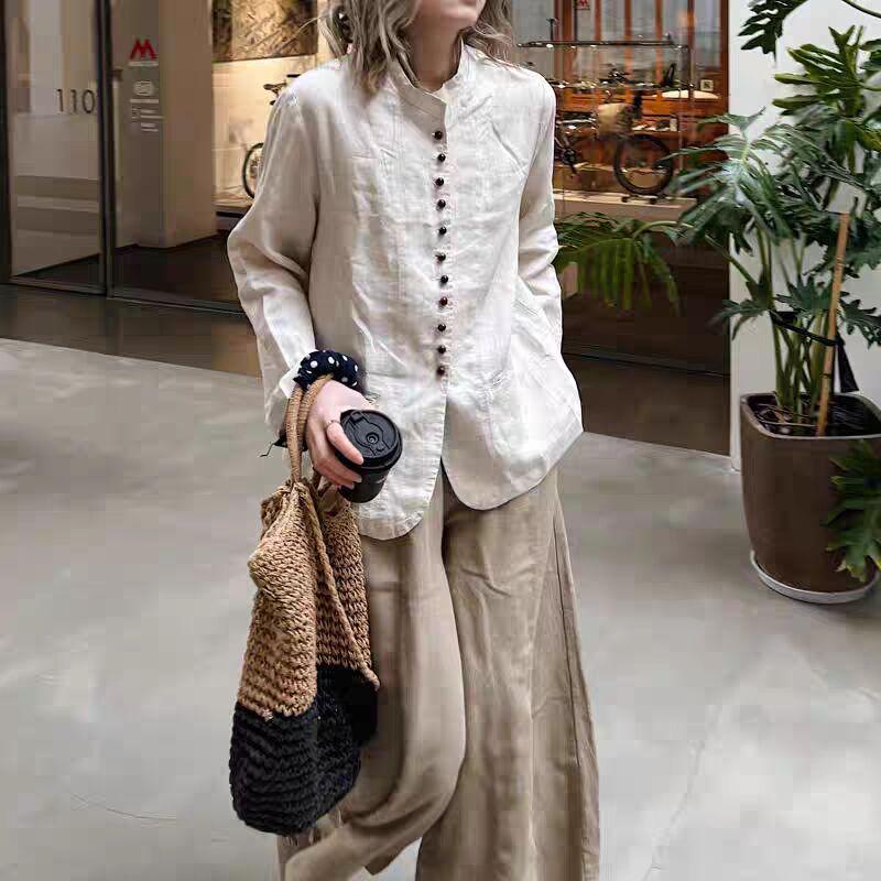 Spring Autumn Women Solid Long Sleeve Stand Collar Loose Shirt Vintage Single Breasted Cotton Linen Casual Blouse Tops