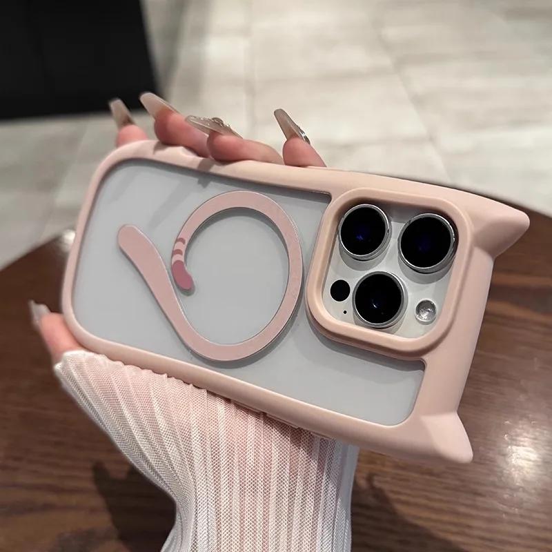 

Ins Милый Кошачий Хвост Для Чехла Magsafe Для Телефона Для iPhone 17 16 15 14 13 11 12 Pro Max Бампер с Кошачьими Ушками Прозрачная Жесткая ПК Крышка For iphone 17Air