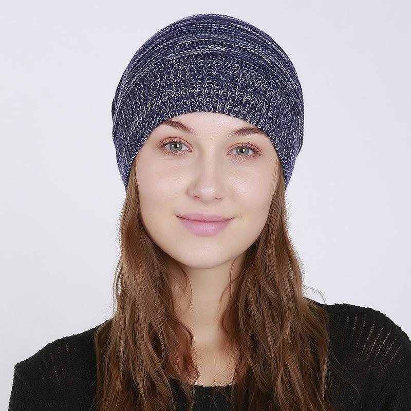 Women Autumn Winter Thin Pleated Mixed Color Pullover Hat Knitted Wool Outdoor