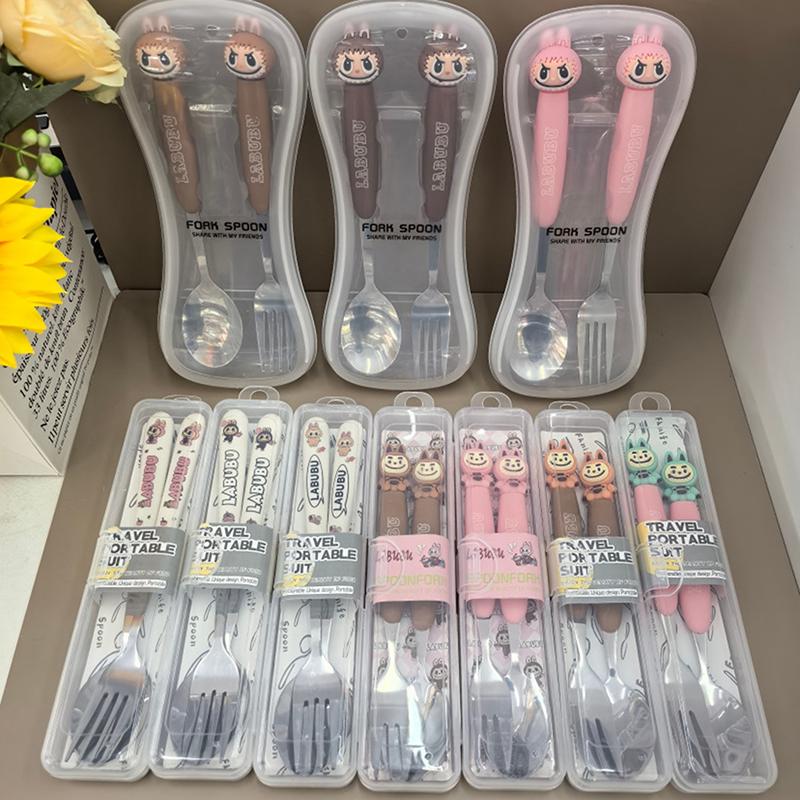 Desene Animate Labubu Mărime Mare Veselă din Oțel Inoxidabil Set Două Piese Veselă pentru Copii Furculiță Lingură Portabilă Produse pentru Copii