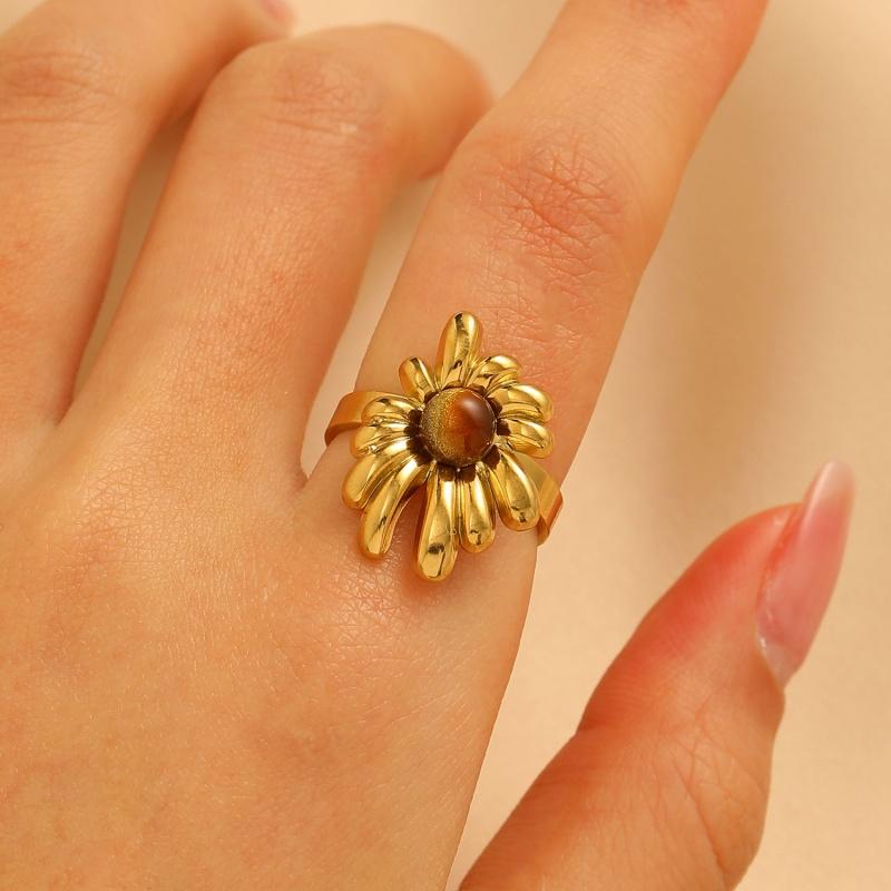 Stainless Steel Green Natural Stone Rings for Women Men Vintage Trend Punk Jewelry Gold Color Opening Ring Waterproof Gift New