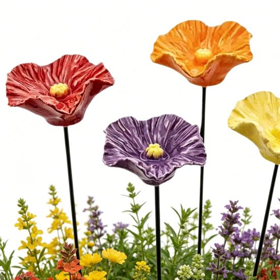 4Pcs Resin Flower Pollinators Cups, Garden Stake Bee Watering Station, Outdoor Small Bird Bath, Yard Art Decor Water Feeder for Hummingbird Butterfly