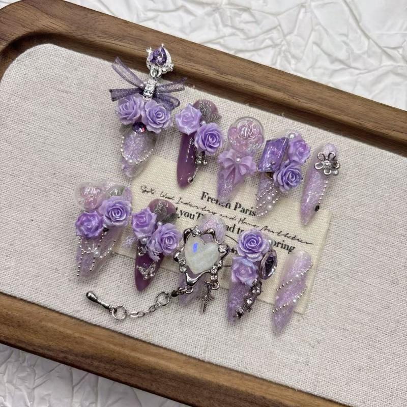 Handmade Long Purple Tassel Butterfly Nail Tips Women Premium Press-On Nails Artistic Design Large