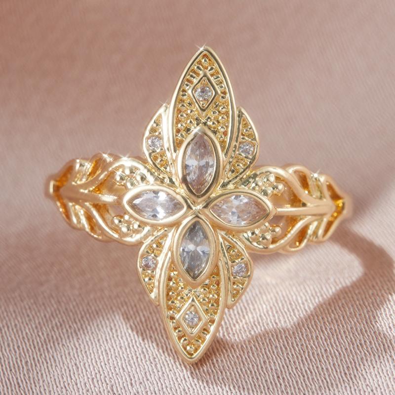 Fashionable and Trendy Gold Color Hollow Carved Pattern Women's Ring, Sparkling Inlaid Zircon Daily Party Jewelry Gift