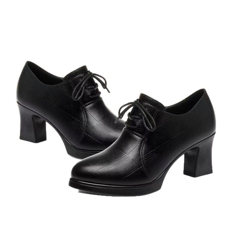Autumn New Deep-mouth Single Shoes Lace-up High Heels Leather Shoes Soft Leather Soft-soled Shoes