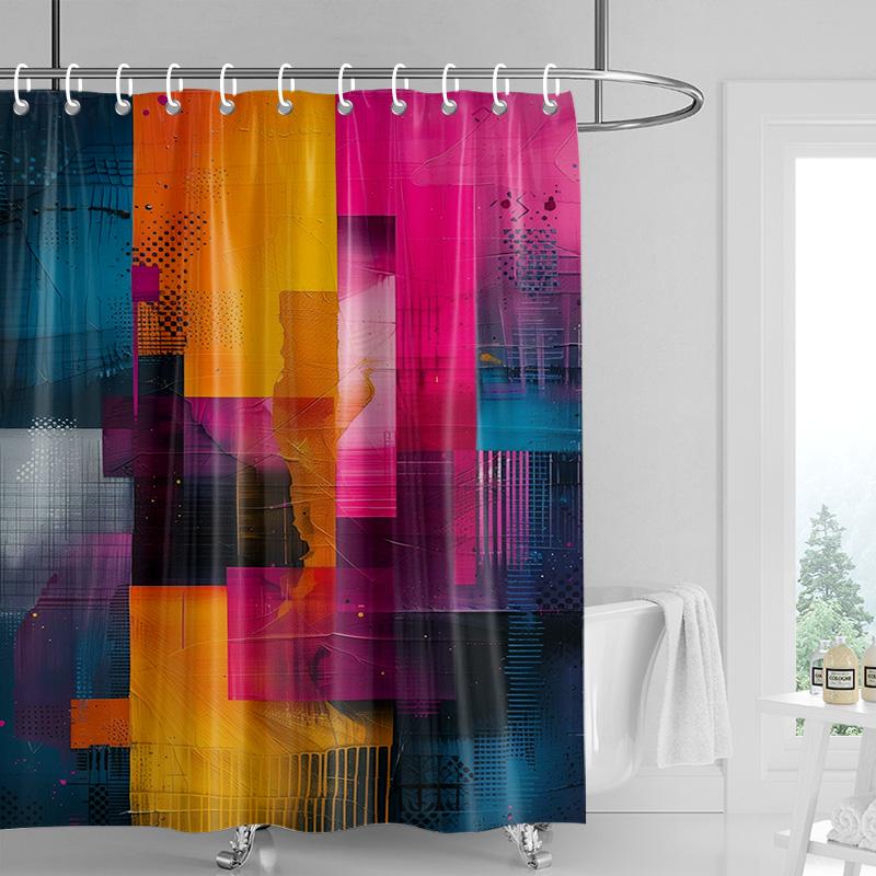 Abstract Geometric Shower Curtain - Vibrant Yellow, Pink & Teal Brushstrokes, Waterproof with Grommets, Modern Bathroom Decor 90x180cm