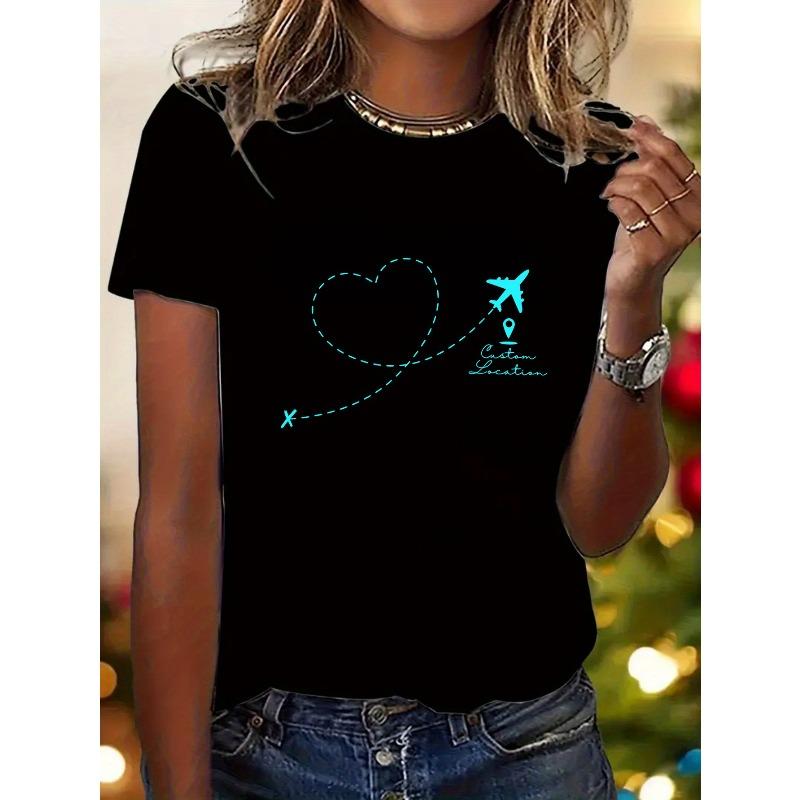A Women'S Y2K Style Summer Fashion Casual Comfortable Short-Sleeve Round-Neck T-Shirt - Featuring an Airplane And Heart Travel Pattern Print