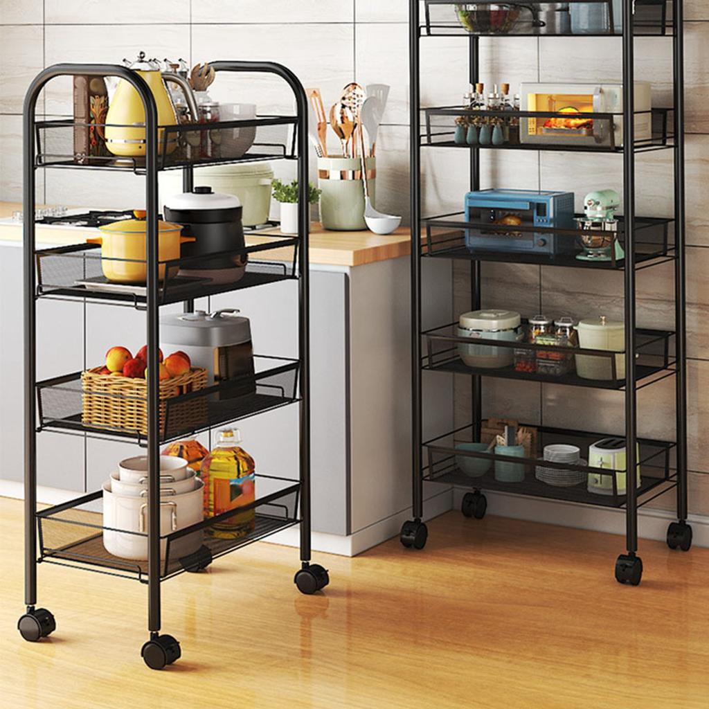 Rolling Storage Cart Layered Storage Shelves Multi Functional Movable Snack Vegetable Baskets Kitchen Shelves Black